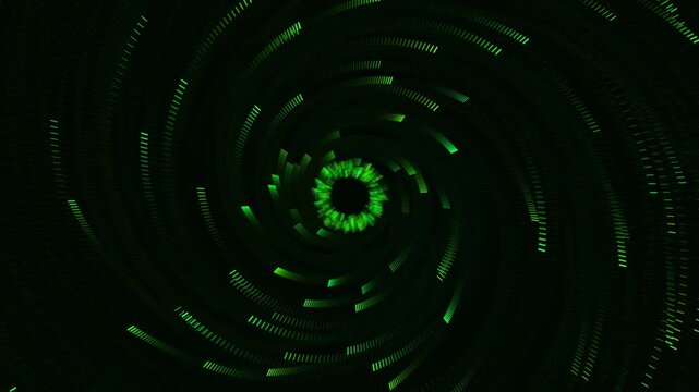 Abstract green digital vortex tunnel motion background, futuristic cyber data stream animation, high-tech neon spiral particle effect