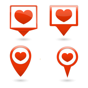 Heart icons for favorite location or love map marker on transparent background