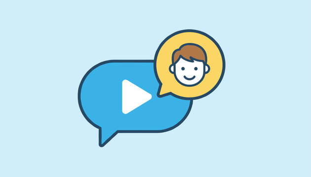 Digital video messaging concept features a blue chat bubble with a play icon and a yellow bubble showing a happy boy face.