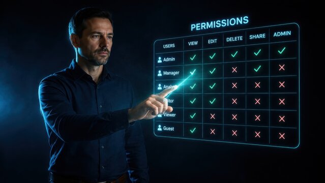 Access Management Permissions Matrix Holographic Table Man Pointing