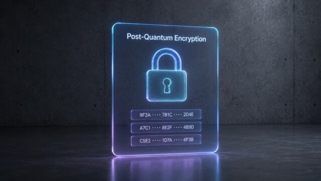 Post-Quantum Encryption Padlock with Cipher Keys Glassmorphic Card Concrete Background