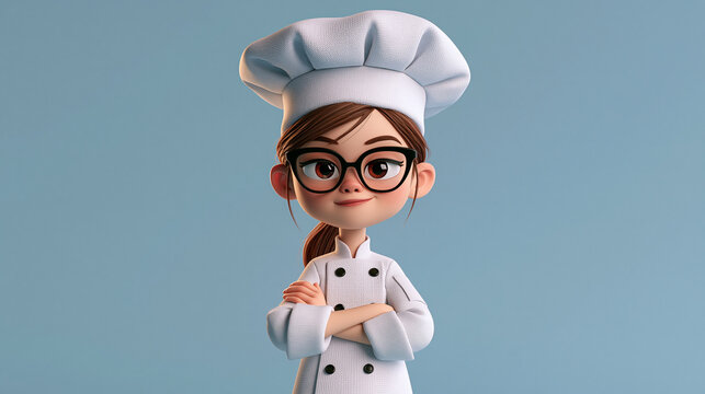 A 3D cartoon female chef or cook standing with arms crossed, wearing glasses, a white uniform, and a tall toque. Isolated on a blue background.