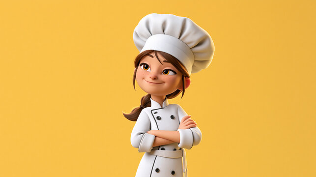 A 3D cartoon female chef or cook standing with arms crossed, wearing a white chef uniform and tall hat, isolated on a bright yellow background.