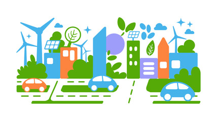 Fototapeta premium Sustainable green city vector illustration. Eco friendly urban landscape with wind turbines and solar panels. Smart city renewable energy concept.