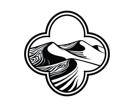 Sand dunes vector icon, black white stylized desert landscape in frame