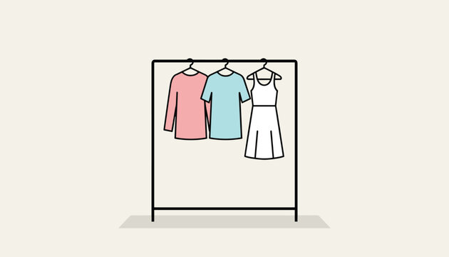 Minimalist clothing rack displays three basic garments hanging neatly including a pink top, a blue shirt, and a white dress.