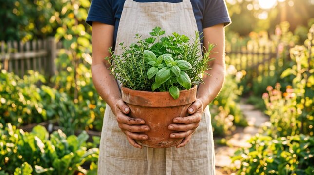 Gardener holding terracotta pot filled with fresh green herbs like basil and rosemary in sunny organic garden, sustainable agriculture, healthy lifestyle, harvesting natural