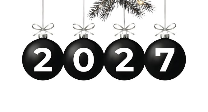 Four black christmas balls with the year 2027 hanging from a fir tree branch for a holiday celebration design