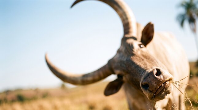 Close up of a funny horned cow eating grass with a blurred background