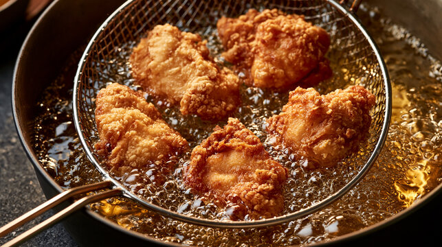 Crispy fried chicken being scooped out of hot bubbling oil in a frying pan with a wire skimmer strainer, making a delicious and crunchy meal preparation.