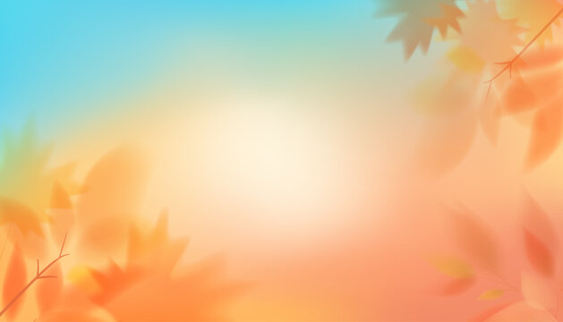 Blurred autumn leaves on abstract background with orange-yellow-blue gradient. Blur effect on autumn theme. Vector illustration