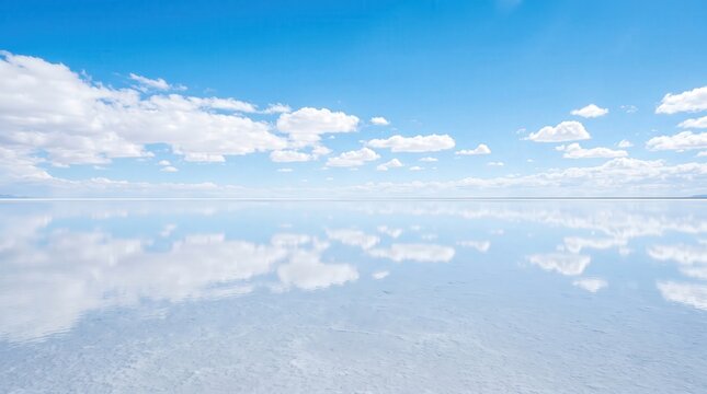 Tranquil Reflection of Clouds on Serene Salt Flat Under Bright Blue Sky