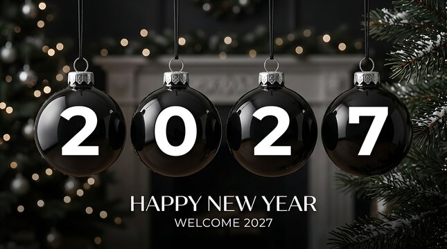 Four black christmas baubles hanging with the numbers 2027 for a happy new year celebration