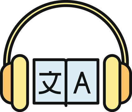 Headphones with characters representing language translation and learning
