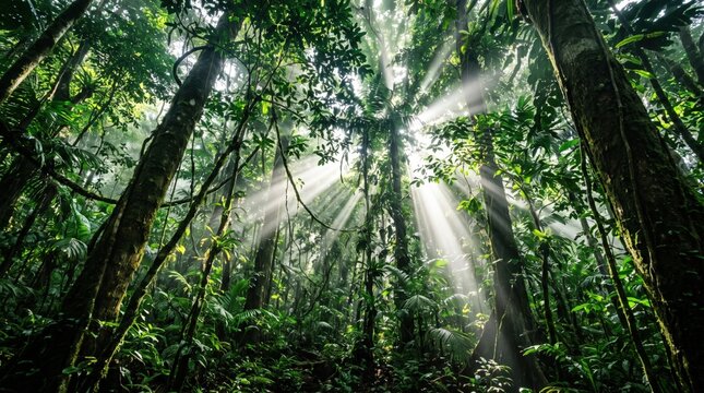 Sunlight Streaming Through Dense Canopy in Lush Tropical Rainforest
