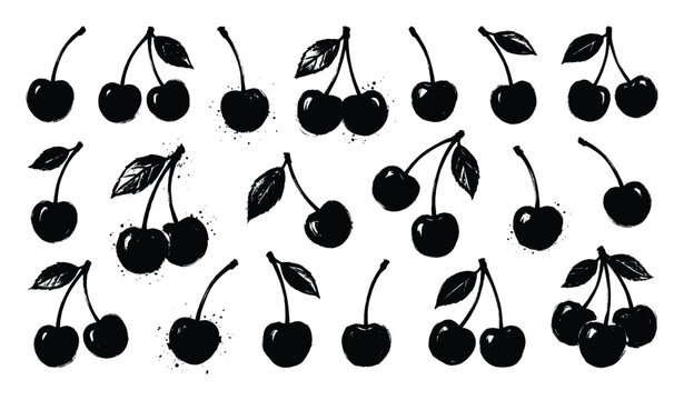 Black cherry vector collection, grunge hand-drawn fruit silhouettes