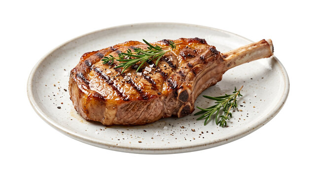Grilled pork chop with bone, juicy roasted meat on white plate, seasoned steak with rosemary and spices, gourmet dinner isolated on white