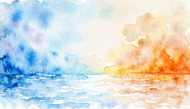 Horizontal gradient from blue to orange watercolor background, wash technique. Bright sky and water watercolour textured concept.