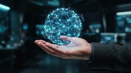 Fototapeta premium Abstract globe network hologram glowing in blue over human hand for global connect.