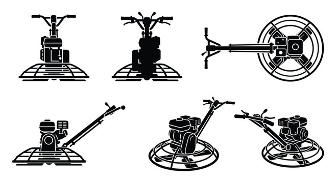 Concrete power trowel icon set, power float silhouettes for construction