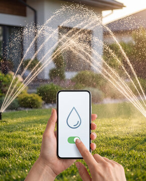 Smart sprinkler system watering a residential lawn while controlled by smartphone. Automated irrigation, water conservation, and smart home technology.