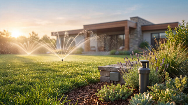 Pop-up sprinkler irrigating a green lawn at sunset, illustrating automated watering, landscape maintenance, water management, and sustainability.