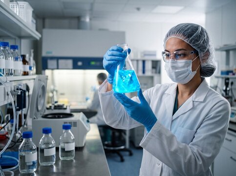 Female scientist holding Erlenmeyer flask with glowing blue bioluminescent microalgae in a cleanroom laboratory