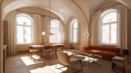 Fototapeta premium Elegant interior design with arched windows natural light and modern furniture