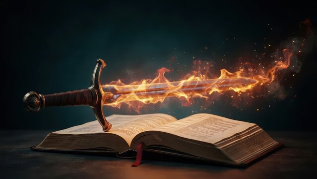 A flaming medieval sword rests on an open ancient book in dark lighting. Perfect for fantasy literature, magical power, and epic storytelling themes.