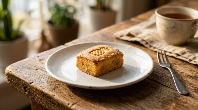 Golden-brown Taiwanese pineapple cake pastry on white ceramic plate, rustic wooden table with teacup, soft afternoon sunlight and houseplants in warm cozy interior still life