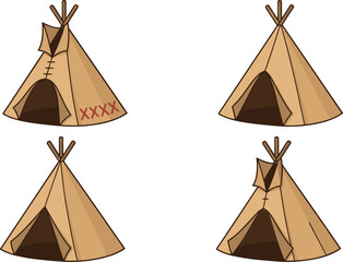 Native American Teepee Tent Vector Set with Traditional Indigenous Wigwams and Tribal Ornaments for Outdoor Camping History and Culture Graphic Designs © ROJINA