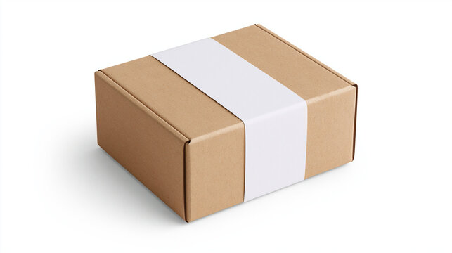 A square brown kraft cardboard box mockup wrapped with a blank white paper band wrapper, isolated on a clean white background for packaging design.