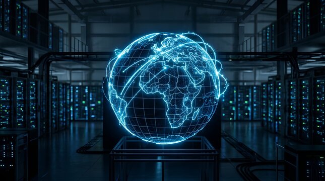 Wireframe globe glowing in cool blue light with bright data streams arching across continents set against server room with blinking racks abstract 3D render futuristic concept