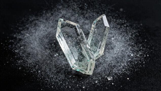 Sharp shards of broken glass exploding and flying through the air, isolated on a black background.