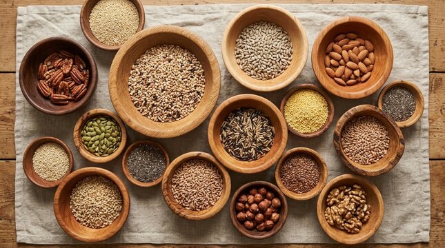 Overhead view of assorted wooden bowls filled with grains, seeds, nuts, and legumes arranged on rustic linen and wood, showcasing healthy pantry staples