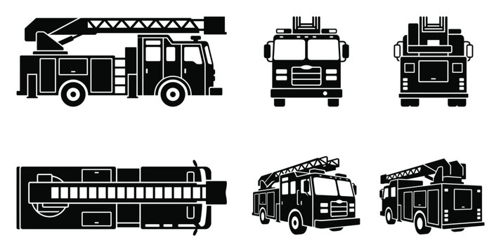 Fire engine silhouette icon set, ladder truck vector symbols