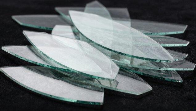 Sharp shards of broken glass exploding and flying through the air, isolated on a black background.
