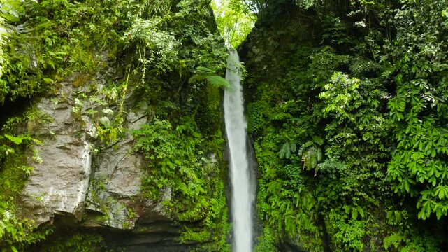 Waterfall in green rainforest. Tropical Tuasan Falls in mountain jungle, aerial view. waterfall in the tropical forest. Camiguin, Philippines, Mindanao
