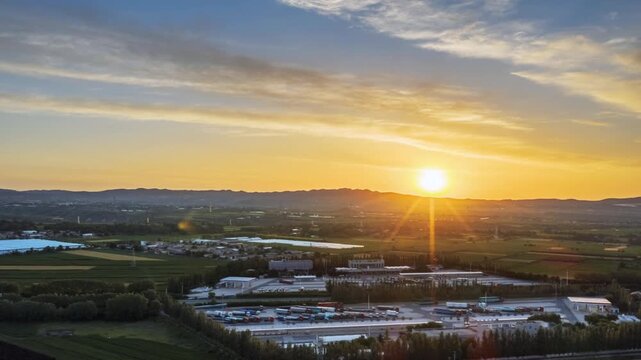 Aerial Time-lapse Video of Chunhua Expressway Service Area after Sunrise along Beijing&ndash;Tibet Highway, China.