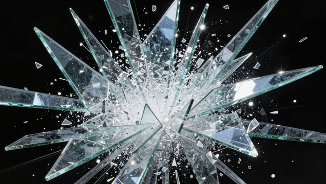 Sharp shards of broken glass exploding and flying through the air, isolated on a black background.