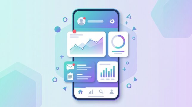 Modern mobile application dashboard with interface cards, analytics chart, notifications and navigation icons in clean flat design illustration
