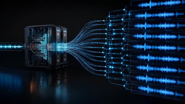 Audio signal splits into multiple digital waveforms. AI sound processing concept for media technology