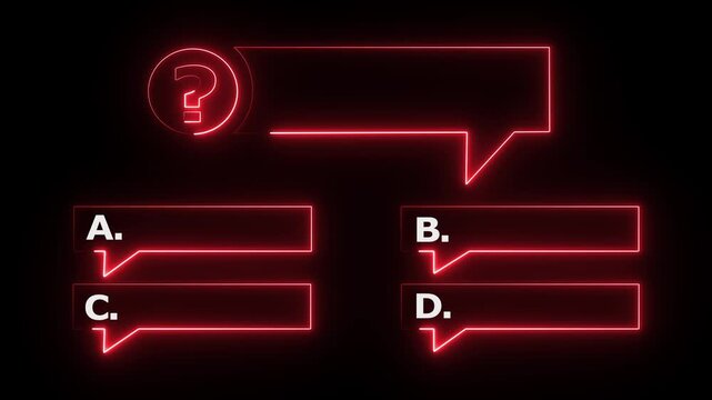 A blank, neon-style quiz template designed for multiple-choice questions. It includes a large main box at the top for a question and four smaller boxes labeled A, B, C, and D for the answers.