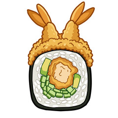 Tempura shrimp sushi maki roll with avocado hand drawn illustration isolated on transparent background © Creative