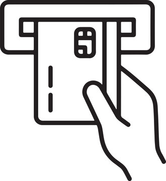 Person hand inserting electronic credit card into automated teller machine for financial banking payment transaction outline vector illustration icon