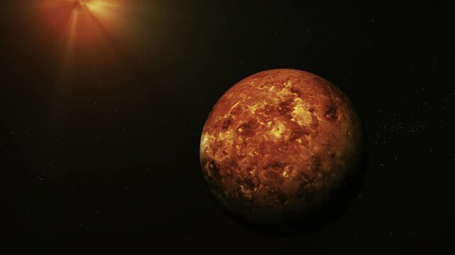 A glowing red planet floats in dark space with a bright sun flare and distant stars, creating a dramatic view of a rocky world in the universe.