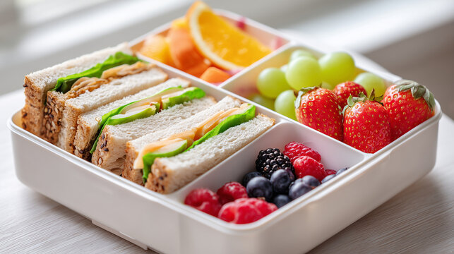 Fresh sandwiches with cheese and vegetables served with colorful berries, grapes and orange slices in a compartmentalized lunch box for a balanced meal.