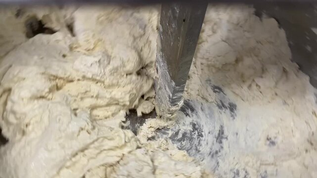 Yeast dough being mixed inside commercial industrial dough mixer. Stainless steel bakery machine kneads elastic dough automatically, professional food production and commercial bread manufacturing