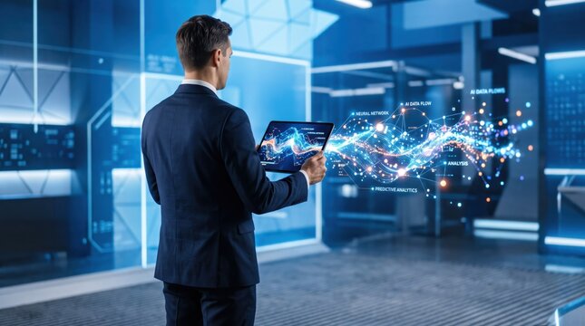 Businessman holding tablet displaying artificial intelligence neural network and big data flow, futuristic technology, predictive analytics visualization, machine learning