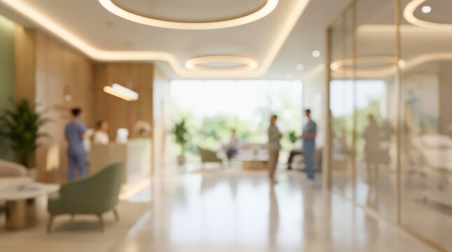 Blurred interior view of a contemporary medical clinic lobby with staff members and patients. Soft focus highlights the bright architectural design and warm ambient lighting.